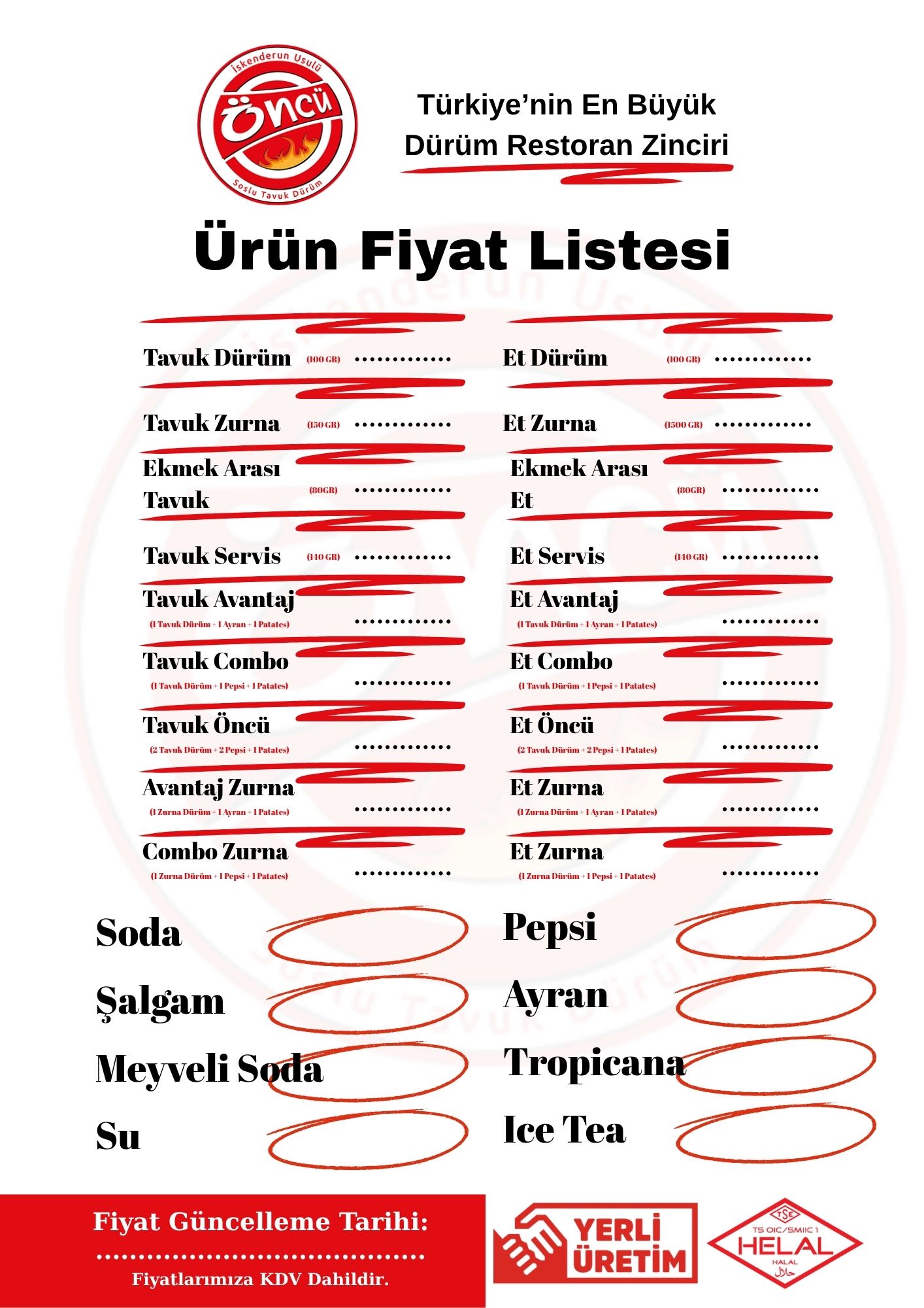 Öncü Menü Fiyat Listesi — grafik çalışması